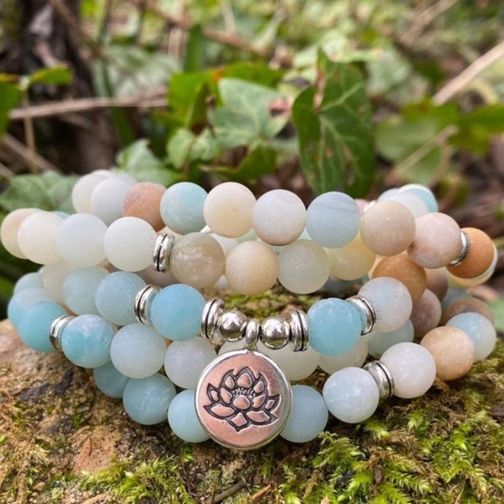 Genuine Amazonite 108 Mala Prayer Beads Healing Meditation Lotus Unisex Bracelet